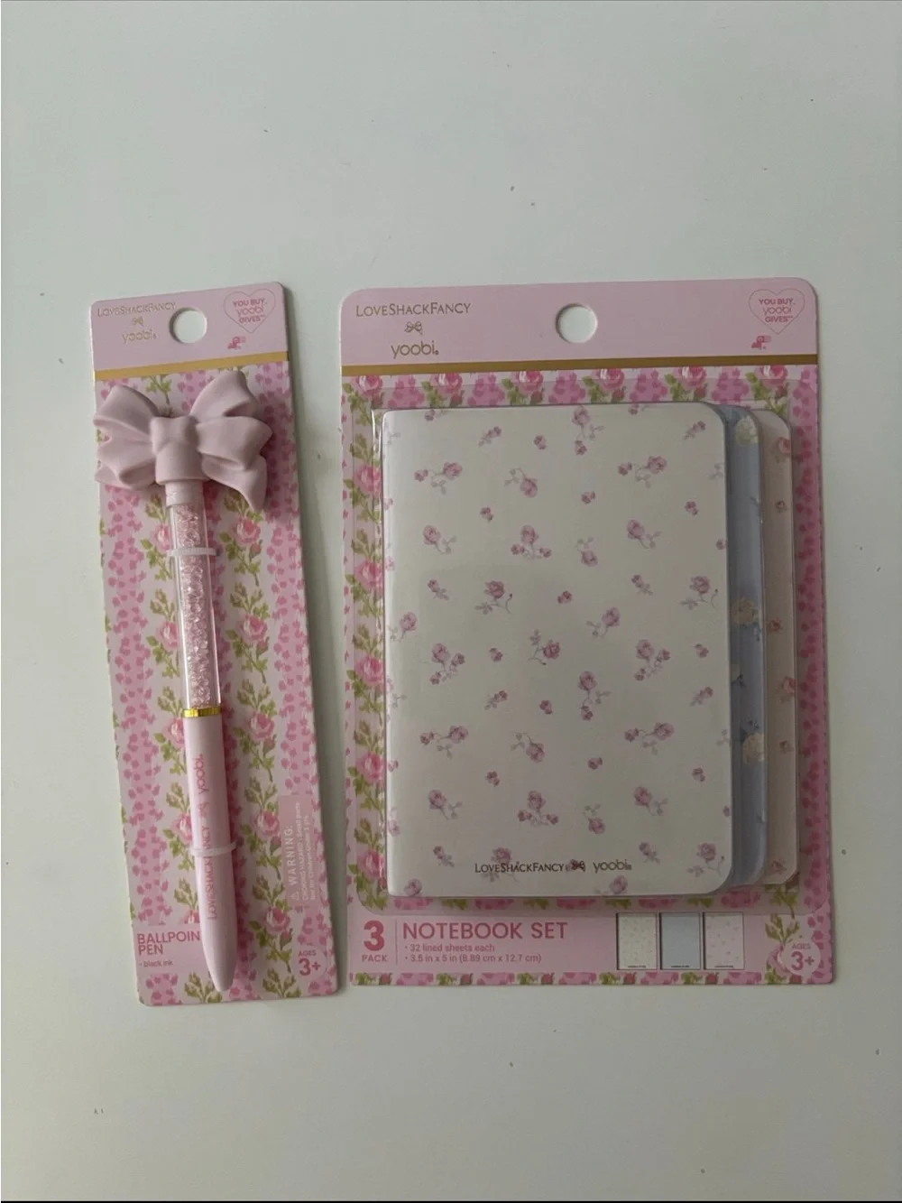 New -LoveShackFancy 3 Piece Floral Mini Journa and Bow Sparkle Pen Set